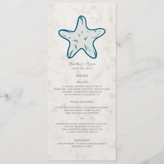 Menu Royal Blue Rustic Starfish Mariage (Devant)