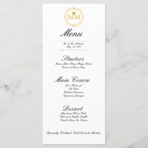 Menu royal de dîner du monogramme de coeur d'or