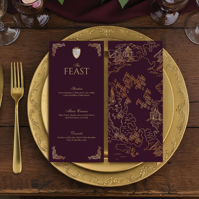 Menu Royal Muse Imaginaire médiéval Bouclier Mariage or (Royal Muse Medieval Fantasy Shield Ornate Wedding Menu)