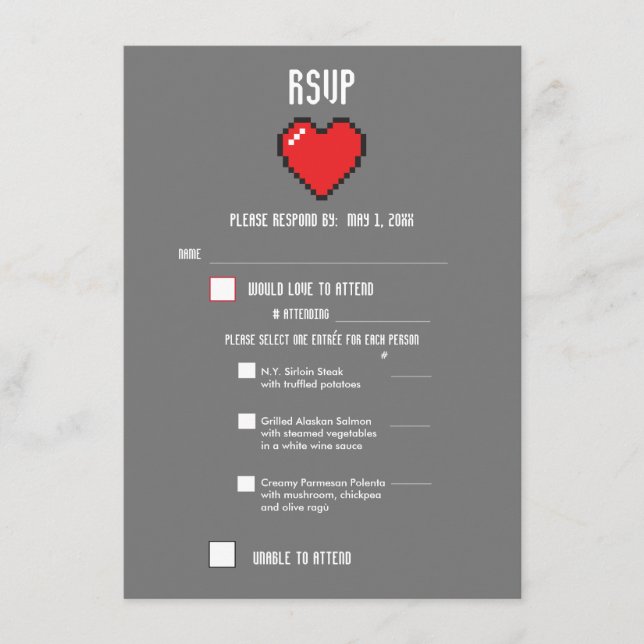 Menu RSVP 8 bits pour Mariage Geek Gamer (Devant)