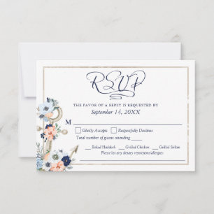 Menu RSVP Ancre de Mariage Bleu Marine Pêche