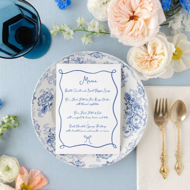 Menu Ruban et Nœud Doodle Bleu Français Mariage (Créateur téléchargé)