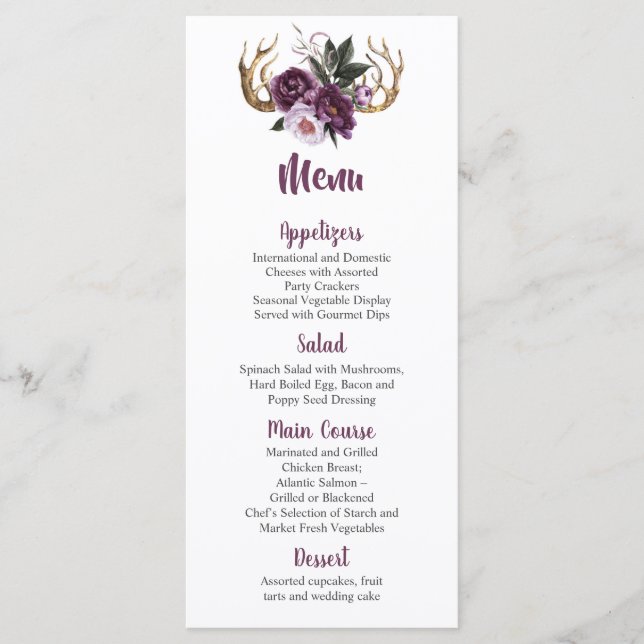 Menu Russe Boho Purple Plum Peonies Antlers Mariage (Devant)
