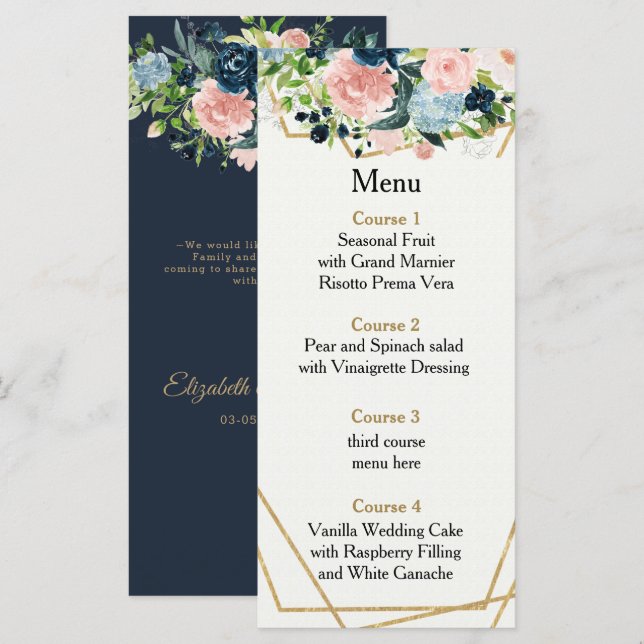 Menu Russe Marine Blush Gold Floral Mariage géométrique (Devant / Derrière)