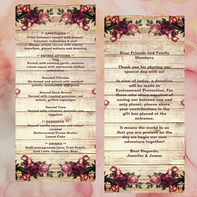 Menu Russe Woodland Rose Bourgogne Mariage campagnard (Rustic Woodland Roses Burgundy Country Wedding Menu)