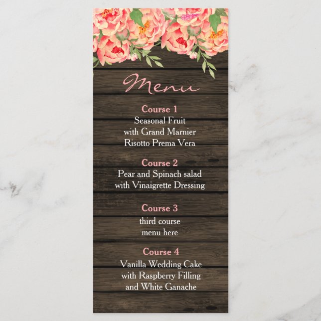 Menu Rustic Country Peony Grange Mariage bois (Devant)