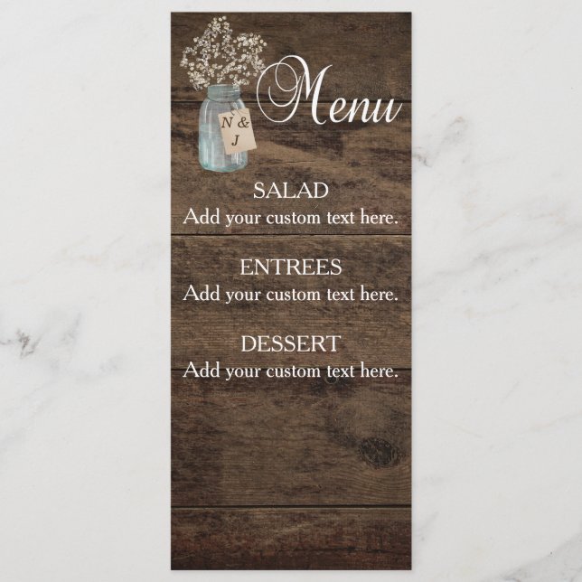Menu Rustic Grange Mariage Wood Mason Jar Babys Respire (Devant)