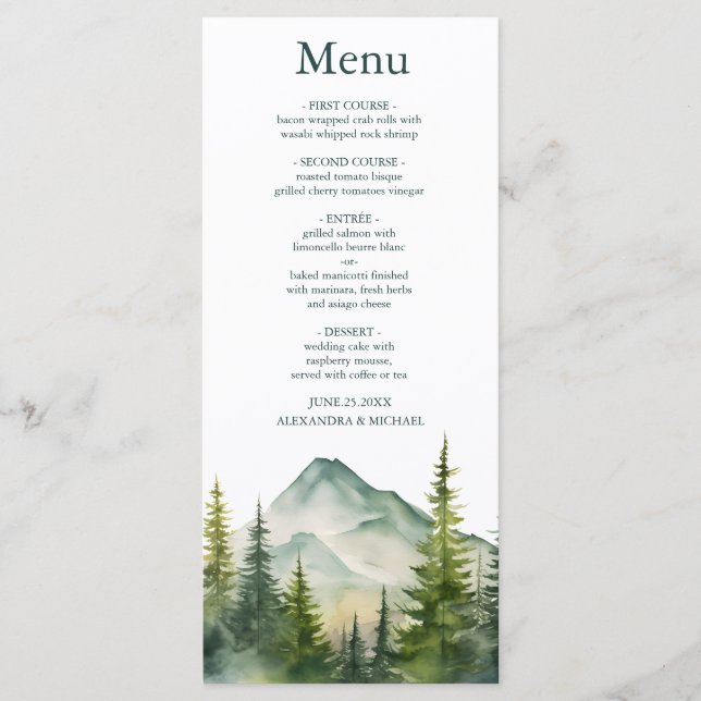 Menu Rustic Mountain Forest Evergreen Tree Wedding (Devant)