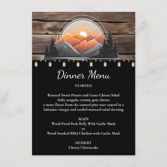 Menu Rustic Mountain Valley Forest Sunset Mariage (Devant)