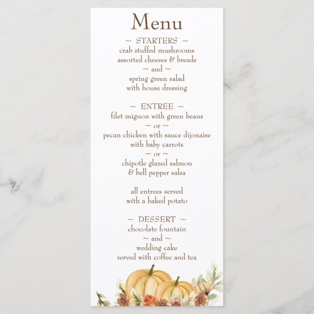 Menu Rustic Watercolor Citrouille Mariage d'adresse de  (Devant)