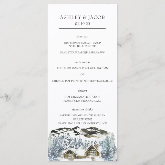 Menu Rustic Winter Mountain Mariage (Devant)