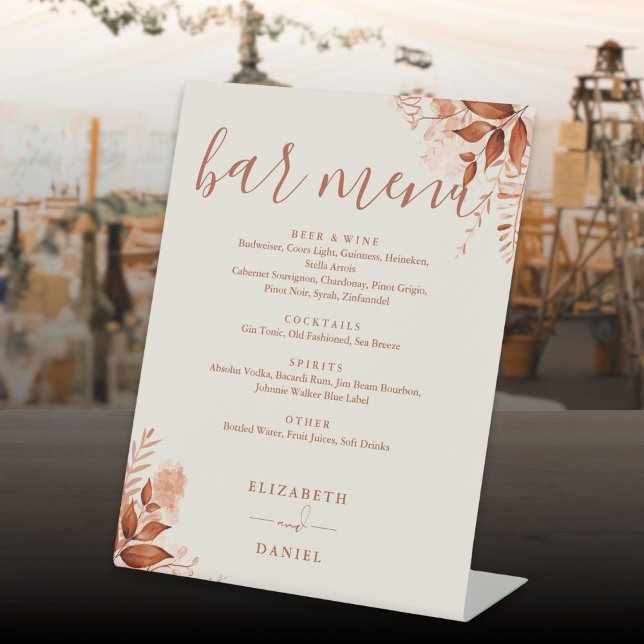 Menü "Rustikale Hochzeit im Herbst im Herbst" Sockelschild (Rustic Floral Autumn Fall Wedding Bar Menu Pedestal Sign)