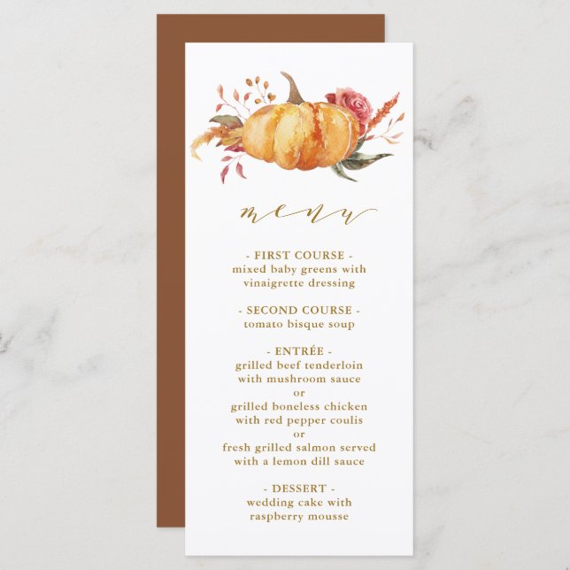 Menu Rustique Automne Floral Citrouille Mariage Gold Sc (Devant / Derrière)