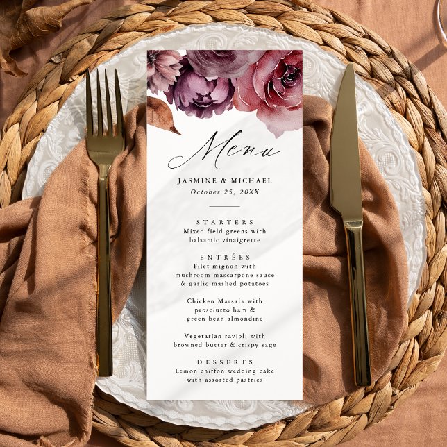 Menu Rustique Automne Marsala Floral Mariage (Créateur téléchargé)