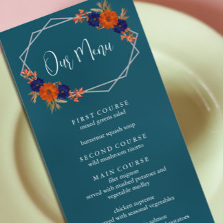 Menu Rustique Automne Orange Navy Bleu Floral Mariage