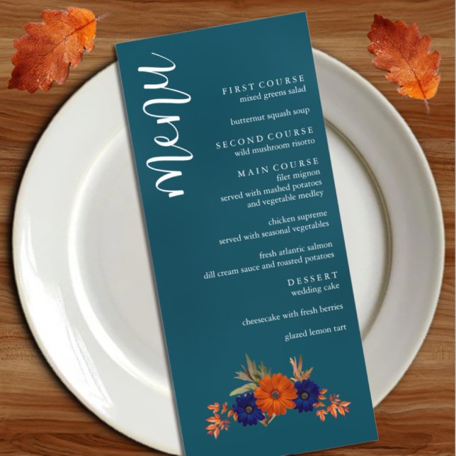 Menu Rustique Automne Orange Navy Bleu Floral Mariage (Créateur téléchargé)