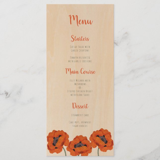 Menu Rustique Baptême Girl Poppies Wood Red écriture ma (Devant)