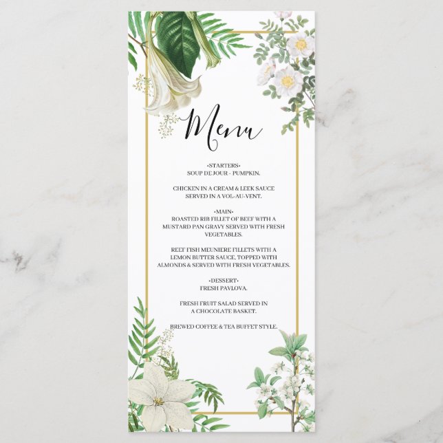 Menu Rustique blanc vert aquarelle Mariage or Floral (Devant)