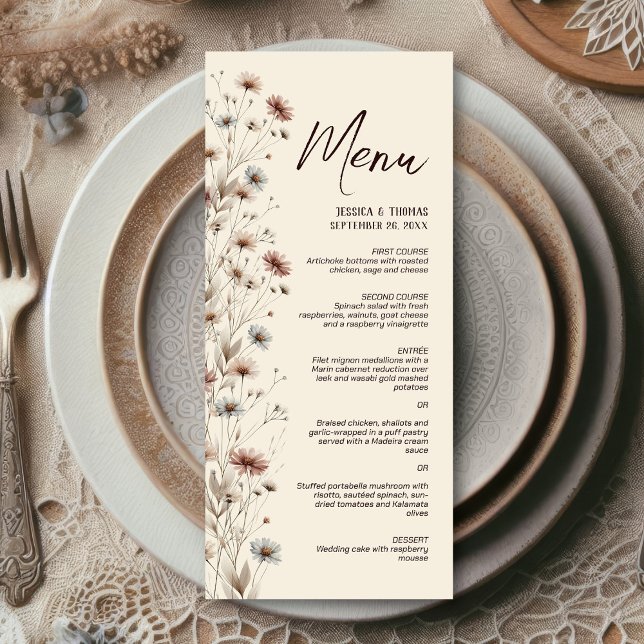Menu Rustique Boho Chic Fleurs sauvages Mariage élégant (On plate at reception)