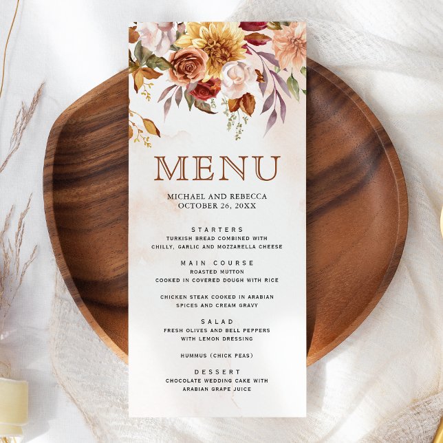 Menu Rustique Bourgogne Terracotta Mariage Floral (Créateur téléchargé)