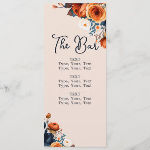Menu Rustique Burnt Orange et Blue Mariage Bar
