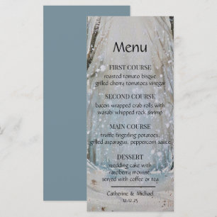 Menu Rustique Dusty Blue Winter Forest Mariage d'aquare