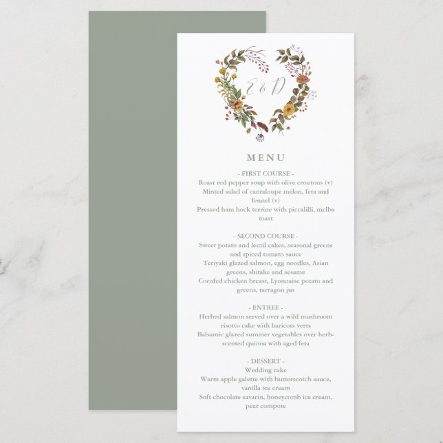 Menu Rustique Floral Sage Green Dîner Mariage (Devant / Derrière)
