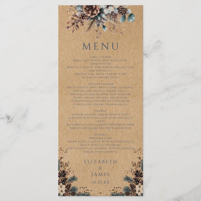 Menu Rustique Kraft Forest Floral Pinecones Mariage (Devant)