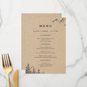 Menu Rustique Kraft Mariage de montagnes et pins dessin