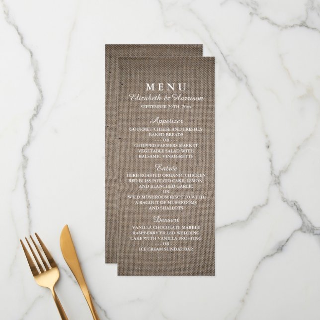 Menu Rustique Mariage Burlap (Devant/Arrière en situation)