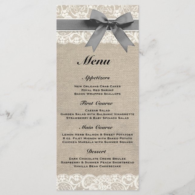 Menu Rustique Mariage Burlap & Lace Grey (Devant)