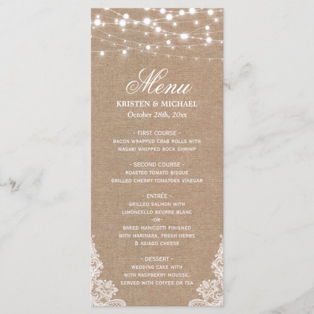Menu Rustique Mariage Shabby | Dentelle d'éclairag (Devant)
