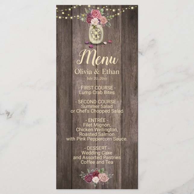 Menu Rustique Mason Jar Floral Mariage en bois (Devant)