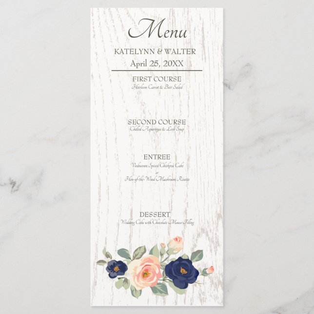 Menu Rustique Pays Marine Bleu et Pêcher Floral Mariage (Devant)