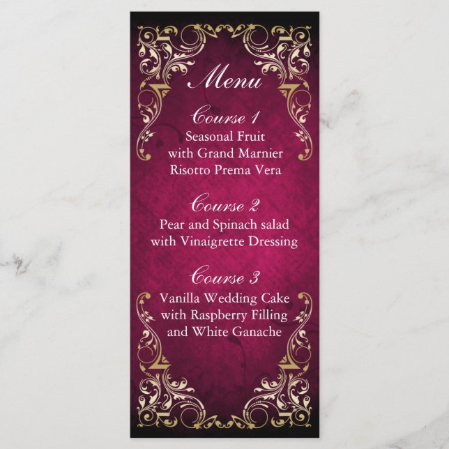 Menu Rustique Regal Ornamental Fuchsia Et Mariage Or (Devant)