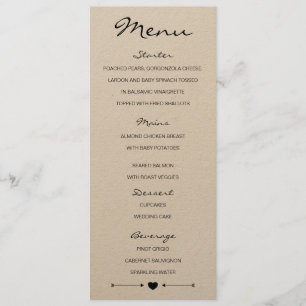 Menu Rustique Romantique Mariage avec coeur et flè