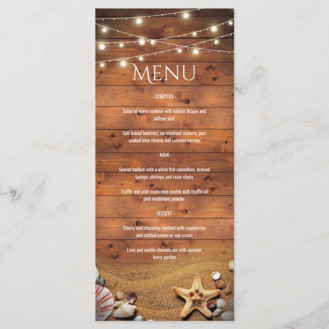 Menu Rustique Starfish Beach Lights Tropical Mariage Me (Devant)