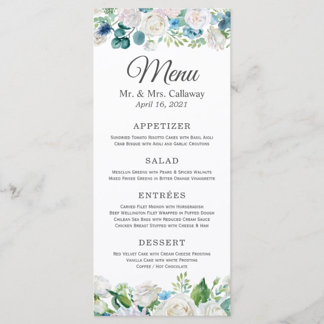 Menu Sage Green Blue White Peonies Floral Mariage (Devant)