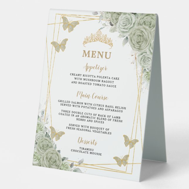 Menü "Sage Green Floral" mit doppelseitiger Bar Tischaufsteller (Vorderseite)