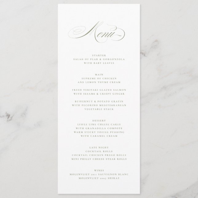 Menu Sage Green Formal Élégant Mariage de calligraphie (Devant)
