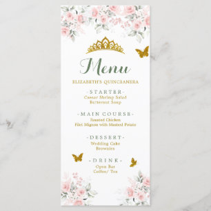 Menu Sage Green Gold Blush Floral Butterfly Quinceañera