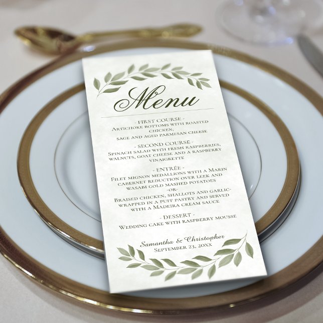 Menu Sage Green Laurel Feuille Rustic Elegance Mariage (Créateur téléchargé)