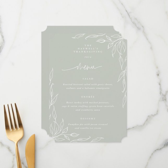 Menu Sage Green Leaf Motif Thankesgiving Dîner (Devant/Arrière en situation)