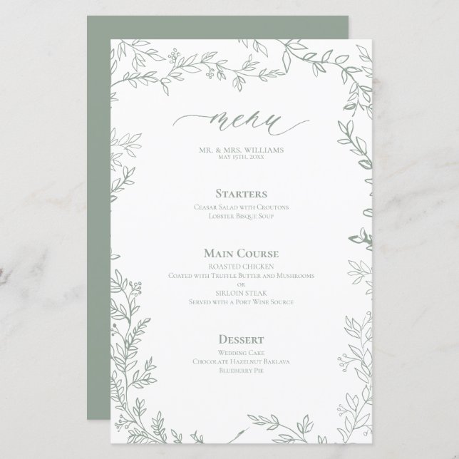 Menü "Sage Green Leafy Frame Wedding" (Vorne/Hinten)