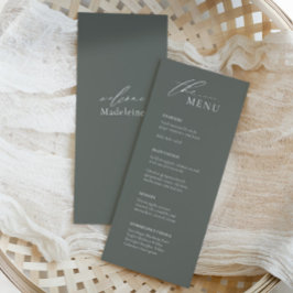 Menü "Sage Green Wedding" mit Gast Name und Skript Menükarte