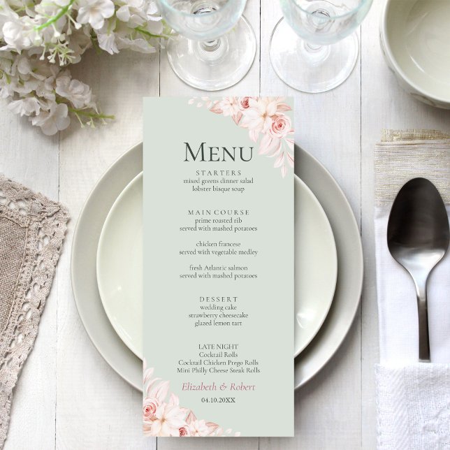 Menu Sage romantique Roses vertes et roses Mariages Men (Romantic Beige and Pink Roses Wedding Menu on an elegant wedding table with flowers)