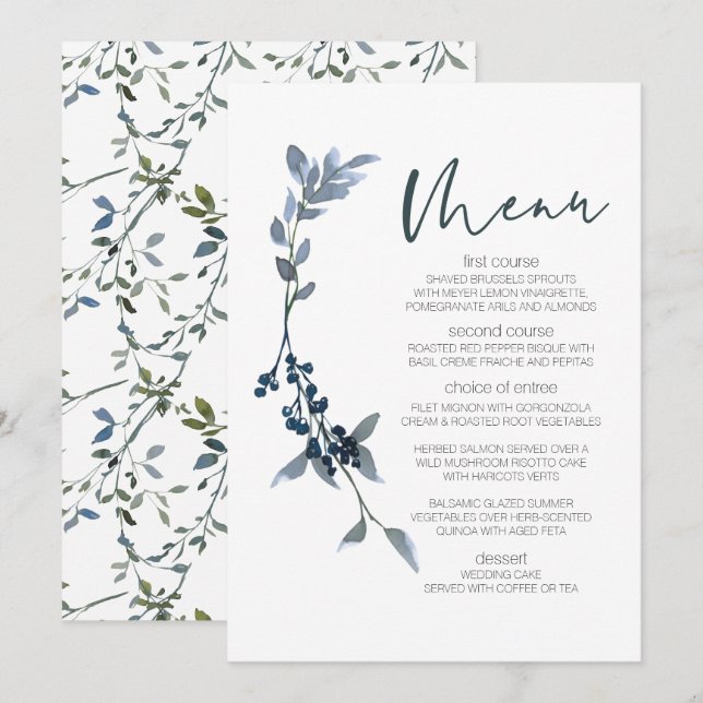 Menü "Sage Silver Green Floral Wedding" Menükarte (Vorne/Hinten)