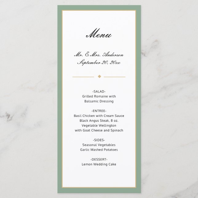 Menu Sage Vert et Or | Mariage de script (Devant)
