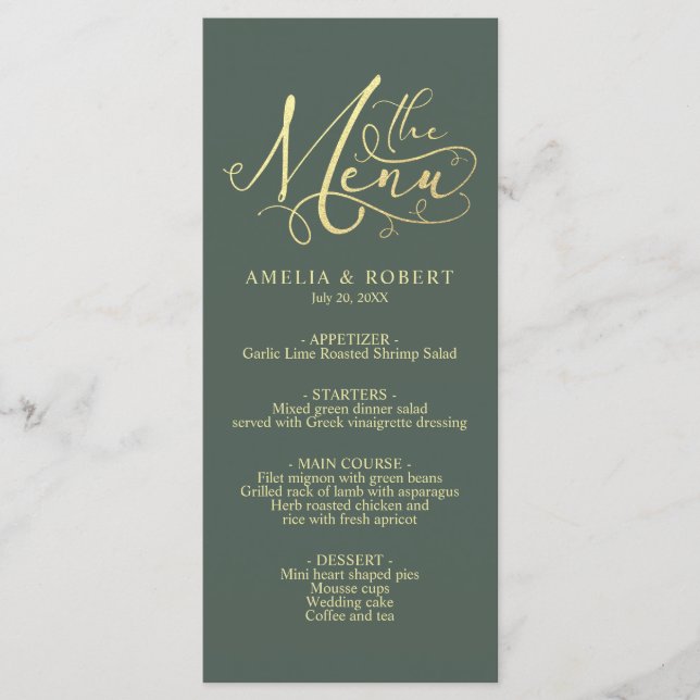 Menü "Sage Whimsical Elegante Gold Calligraphy" Menükarte (Vorderseite)