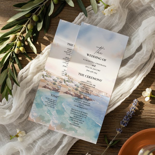 Menu Santorini Wedding Program Template | Mediterranean (Créateur téléchargé)